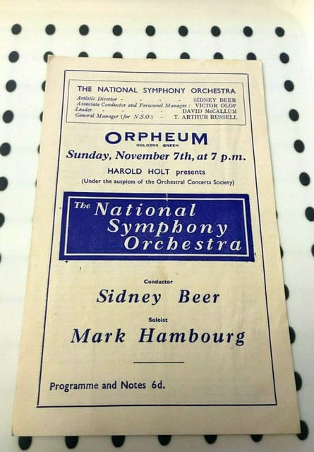 A printed concert programme for the Orpheum, Golders Green, listing The National Symphony Orchestra under conductor Sidney Beer with soloist Mark Hambourg.
