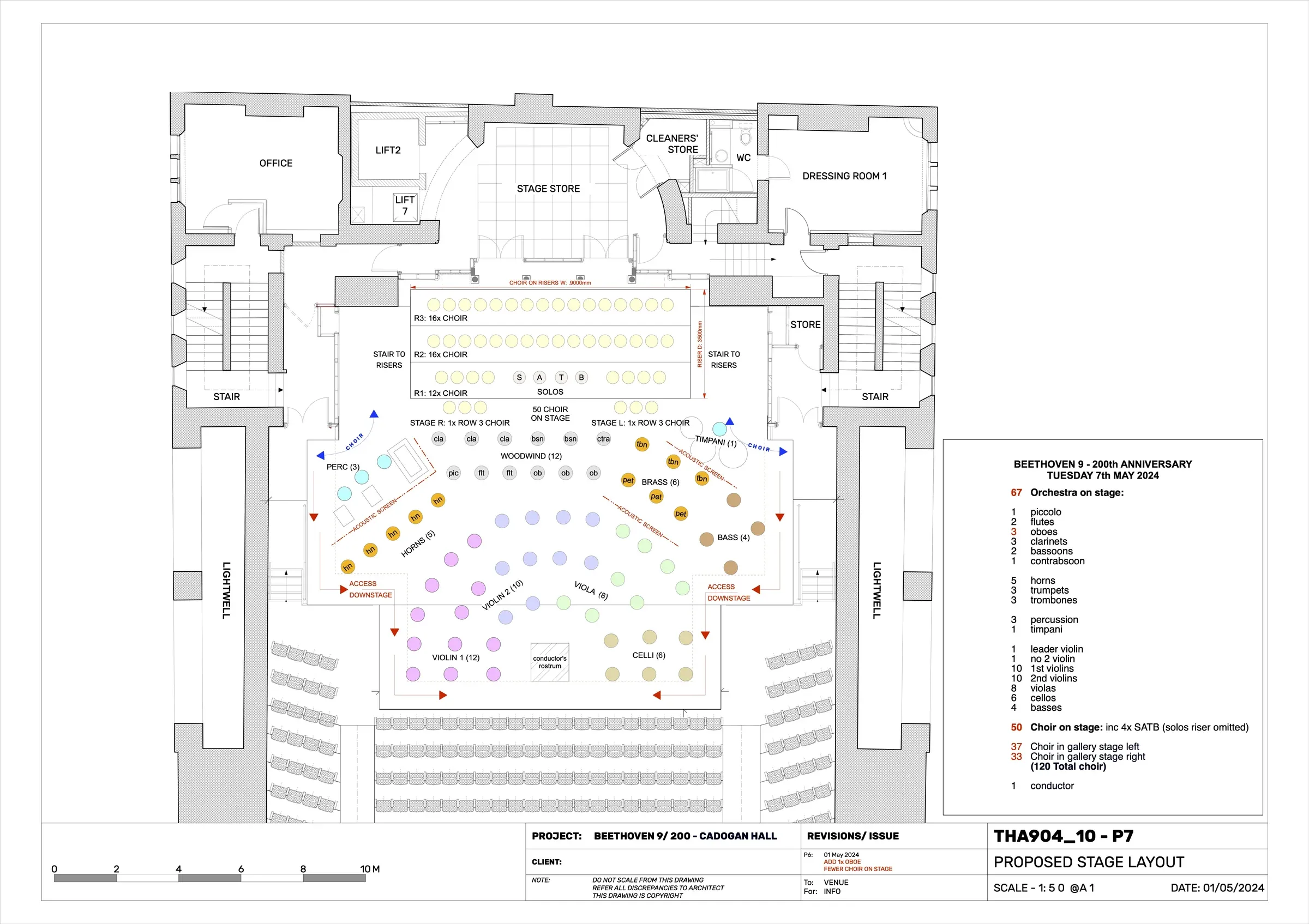 Example stage plan: Beethoven’s Ninth Symphony at Cadogan Hall, 7 May 2024 - every desk of a 67-piece orchestra, with the 120-voice choir on risers behind.